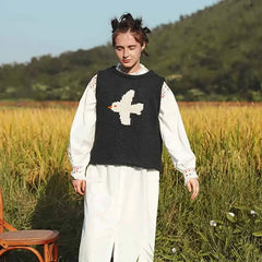 Loose Fit Round Neck Knitted Vest Black / One Size