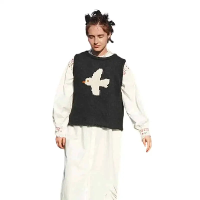 Loose Fit Round Neck Knitted Vest Black / One Size