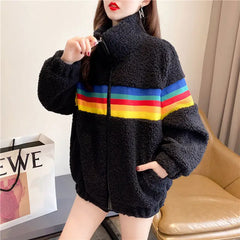 Loose Fleece Coat with Rainbow Zipper Black / M