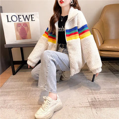 Loose Fleece Coat with Rainbow Zipper White / M