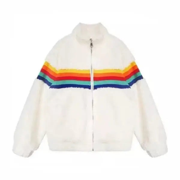 Loose Fleece Coat with Rainbow Zipper