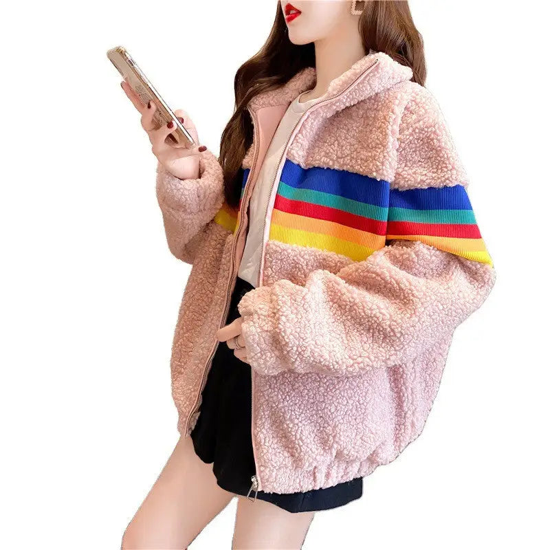Loose Fleece Coat with Rainbow Zipper
