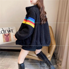 Loose Fleece Coat with Rainbow Zipper
