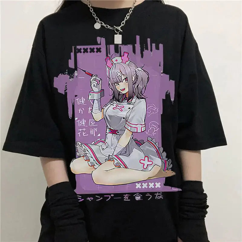 Loose Nurse Anime Purple Background T-shirts