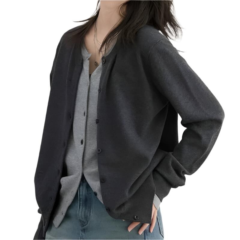 Loose Round Neck Button Up Long Sleeve Cardigan Dark Gray