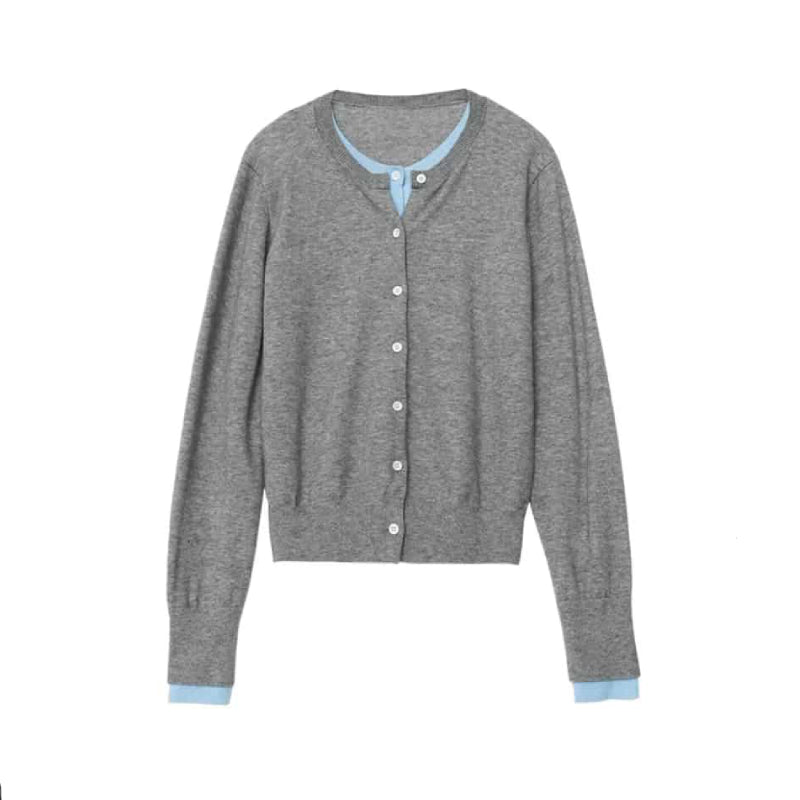 Loose Round Neck Button Up Long Sleeve Cardigan Light Gray