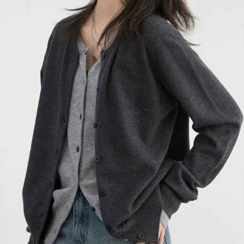 Loose Round Neck Button Up Long Sleeve Cardigan