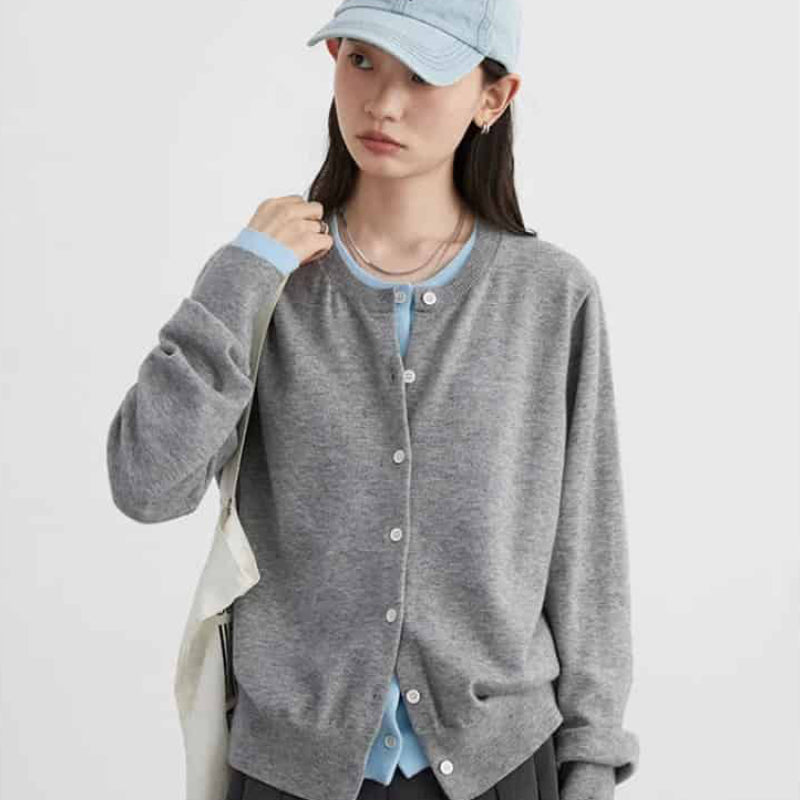 Loose Round Neck Button Up Long Sleeve Cardigan