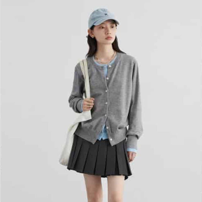 Loose Round Neck Button Up Long Sleeve Cardigan