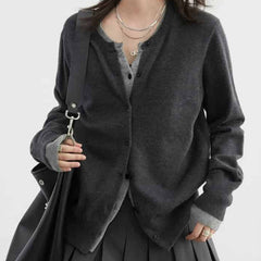 Loose Round Neck Button Up Long Sleeve Cardigan