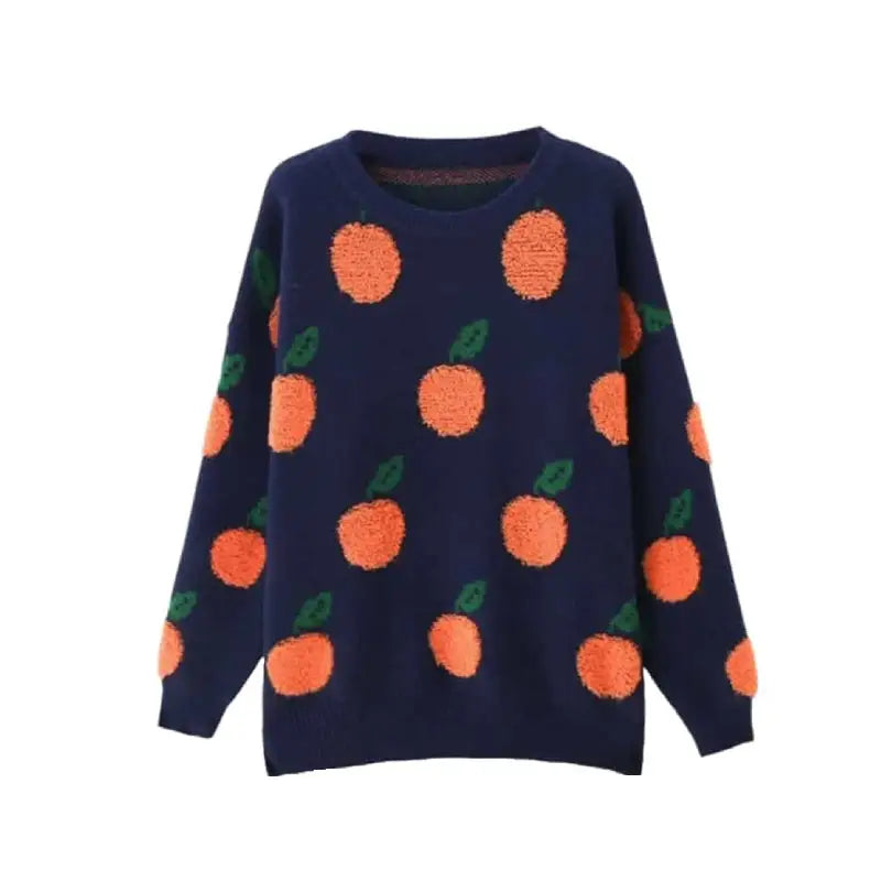 Loose Round Neck Long Sleeve Sweater With Orange Fruit Print