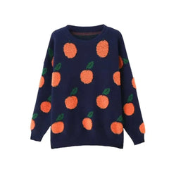 Loose Round Neck Long Sleeve Sweater With Orange Fruit Print