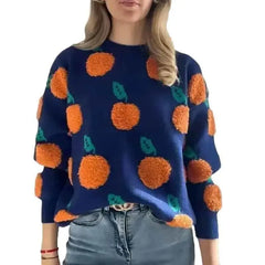 Loose Round Neck Long Sleeve Sweater With Orange Fruit Print