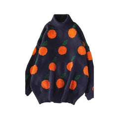Loose Round Neck Long Sleeve Sweater With Orange Fruit Print