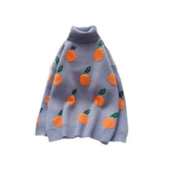 Loose Round Neck Long Sleeve Sweater With Orange Fruit Print