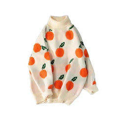 Loose Round Neck Long Sleeve Sweater With Orange Fruit Print