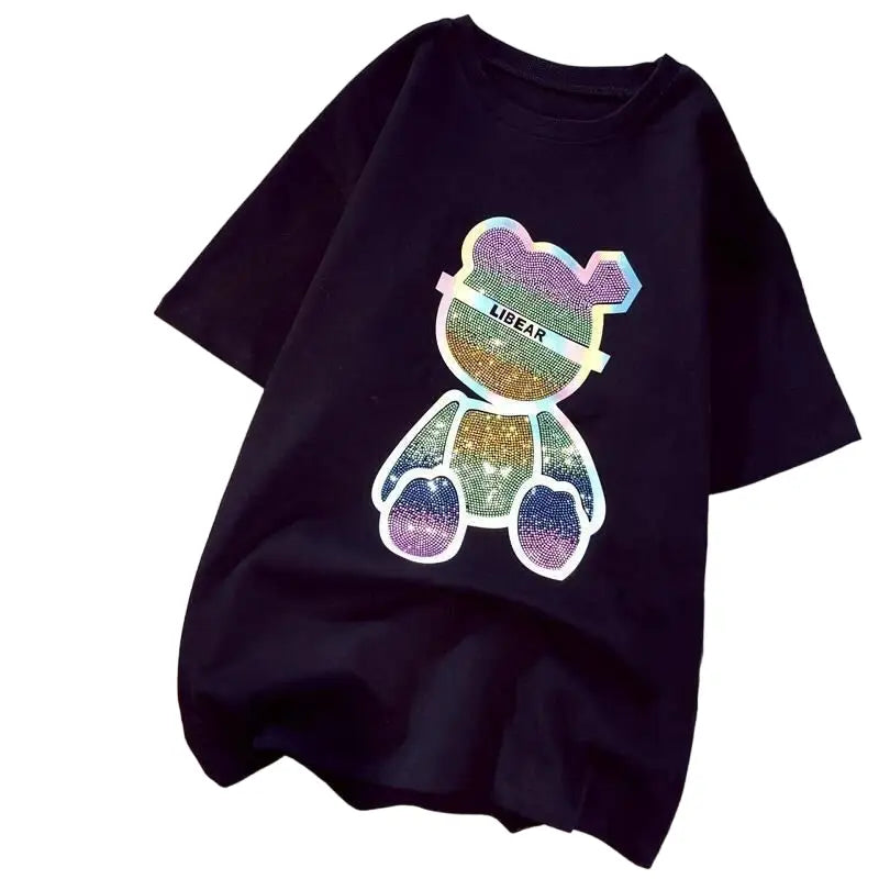Loose Solid Color Bear T Shirt Short Sleeve O Neck Black / M