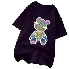 Loose Solid Color Bear T Shirt Short Sleeve O Neck Black / M