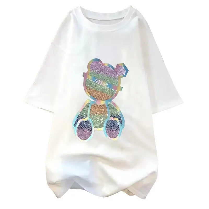Loose Solid Color Bear T-Shirt - White / M
