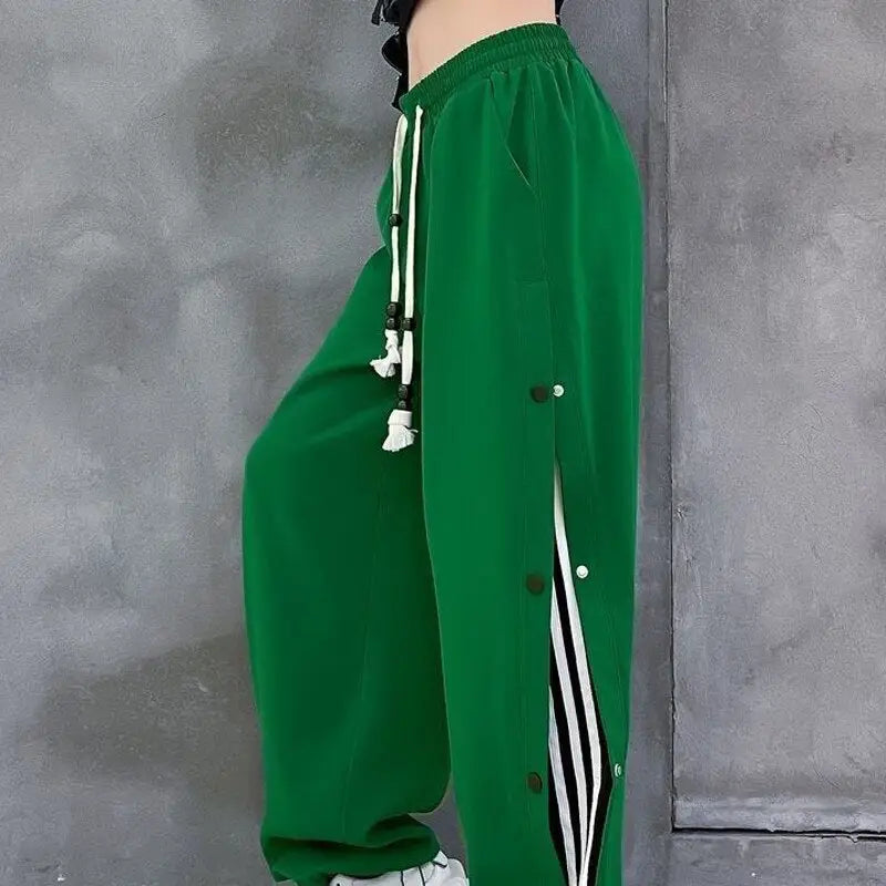 Loose Sport Pants With Side Buttons Cotton Polyester