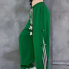 Loose Sport Pants With Side Buttons Cotton Polyester
