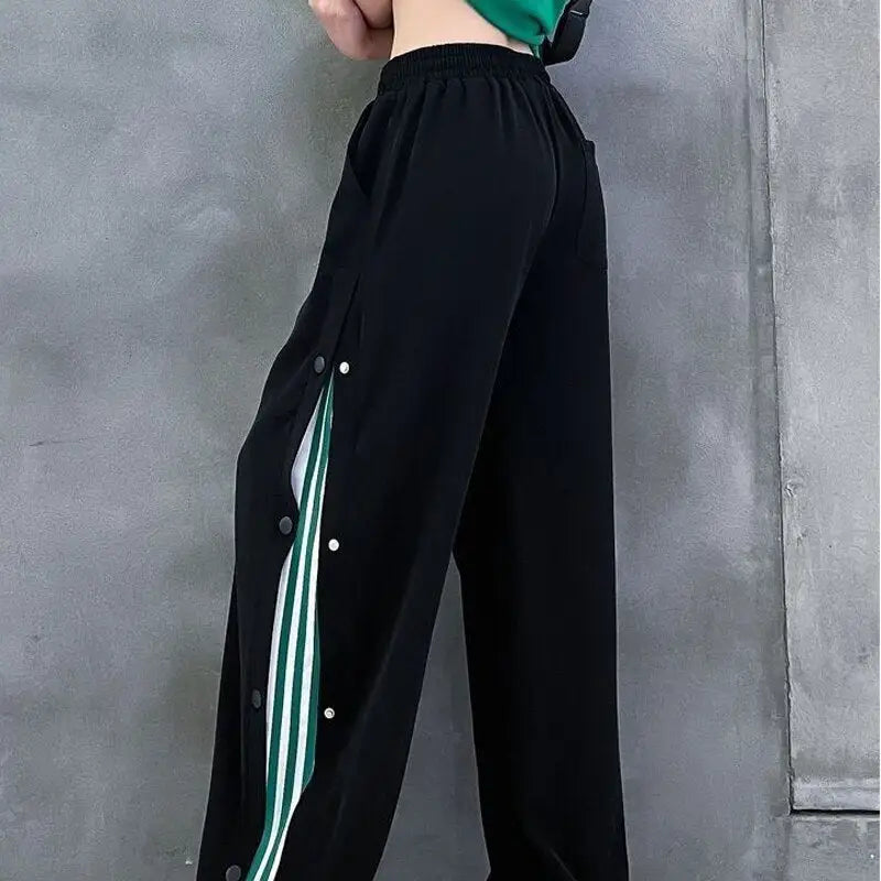 Loose Sport Pants With Side Buttons Cotton Polyester