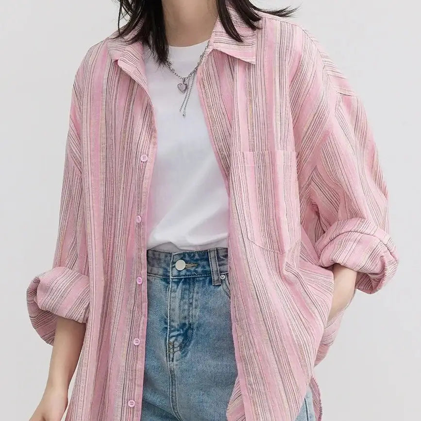 Loose Striped Linen Long Sleeve Top Shirt