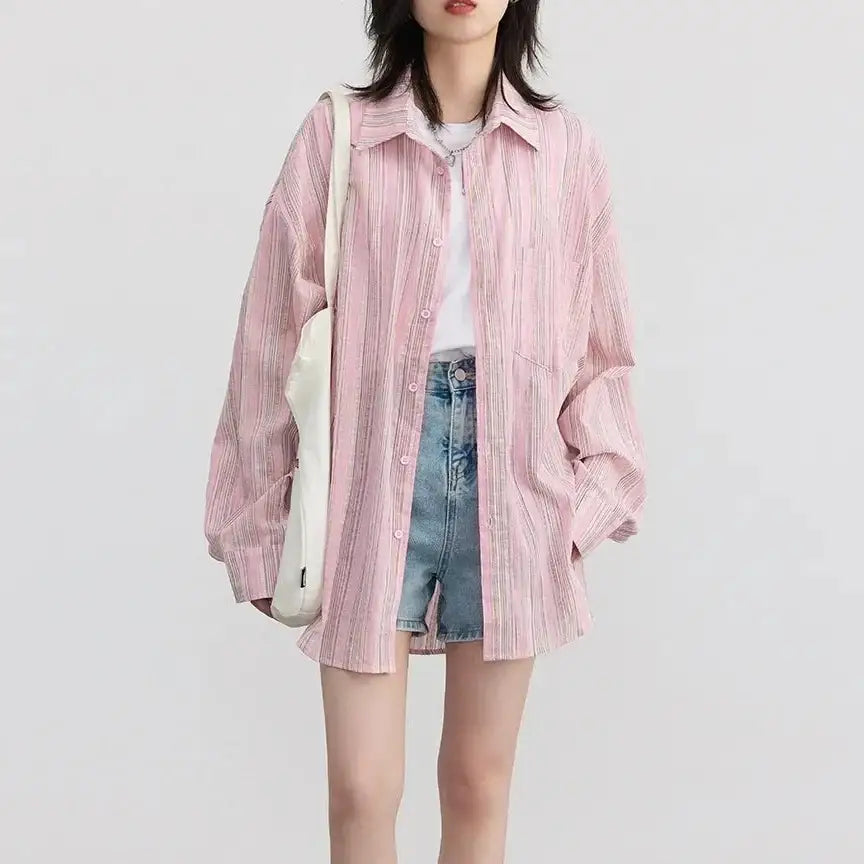 Loose Striped Linen Long Sleeve Top Shirt