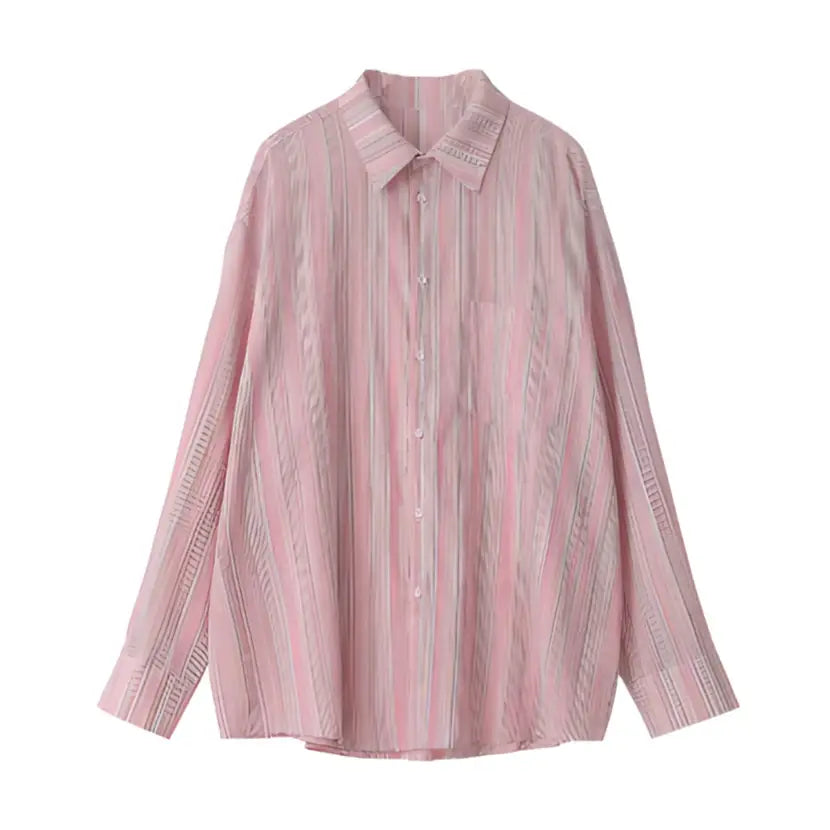 Loose Striped Linen Long Sleeve Top Shirt - Pink / S