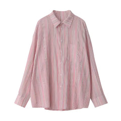 Loose Striped Linen Long Sleeve Top Shirt - Pink / S