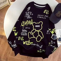 Loose Sweatshirt with Cute Bear Embroidery Black / M