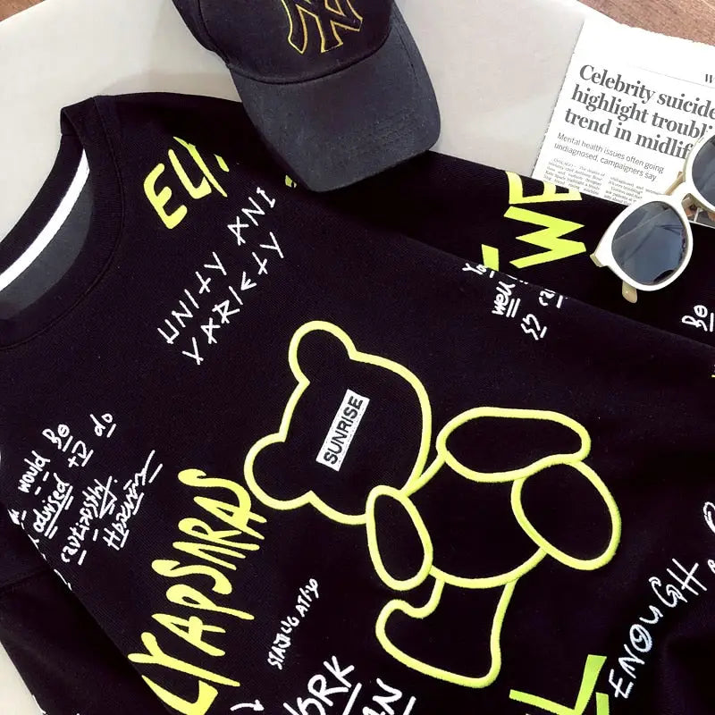 Loose Sweatshirt with Cute Bear Embroidery