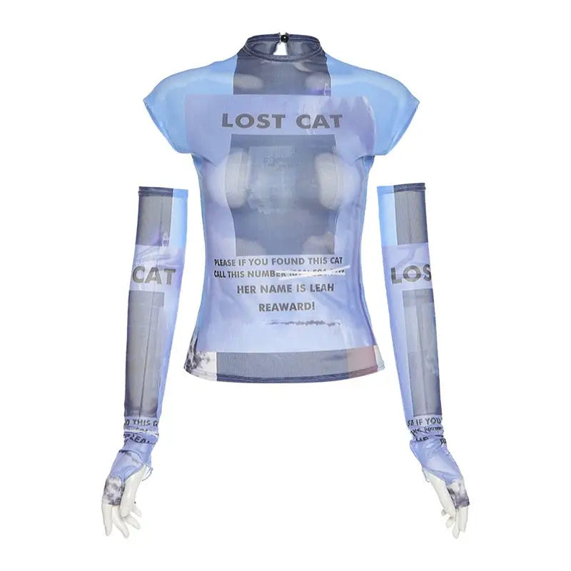 Lost Cat Mesh Sleeve Top for Everyday Wear Blue / S
