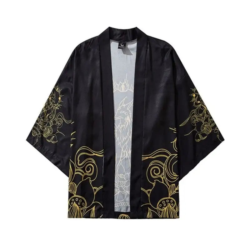Lotus Japanese Style 3/4 Sleeve Kimono - Black / M - KIMONO