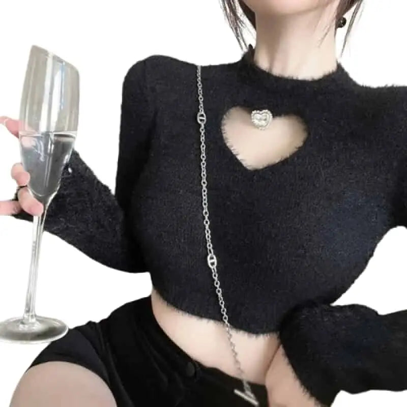 Love Hollow Out Slim Furry Long Sleeve Solid Color Tops