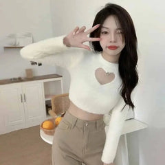 Love Hollow Out Slim Furry Long Sleeve Solid Color Tops