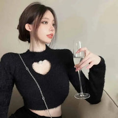 Love Hollow Out Slim Furry Long Sleeve Solid Color Tops