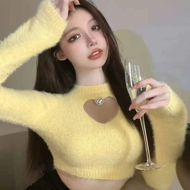 Love Hollow Out Slim Furry Long Sleeve Solid Color Tops