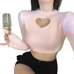 Love Hollow Out Slim Furry Long Sleeve Solid Color Tops