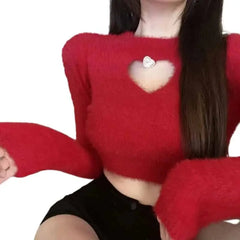 Love Hollow Out Slim Furry Long Sleeve Solid Color Tops