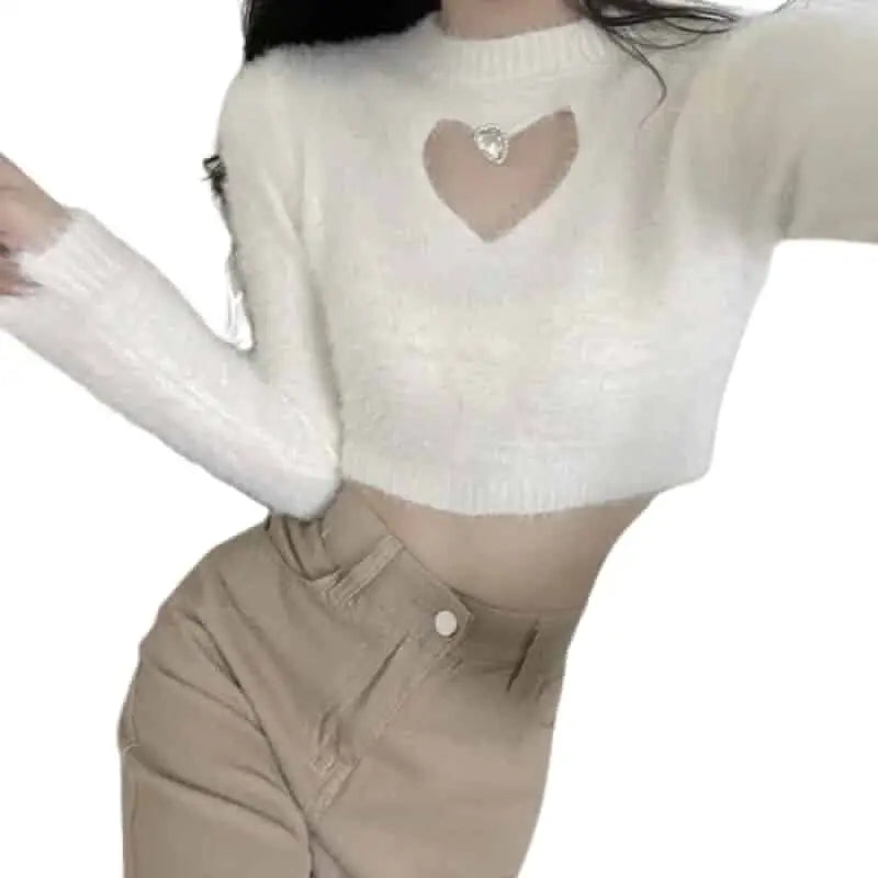 Love Hollow Out Slim Furry Long Sleeve Solid Color Tops