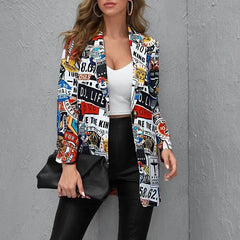 Love of Travel Print Long Sleeves Lapel Suit Blazer