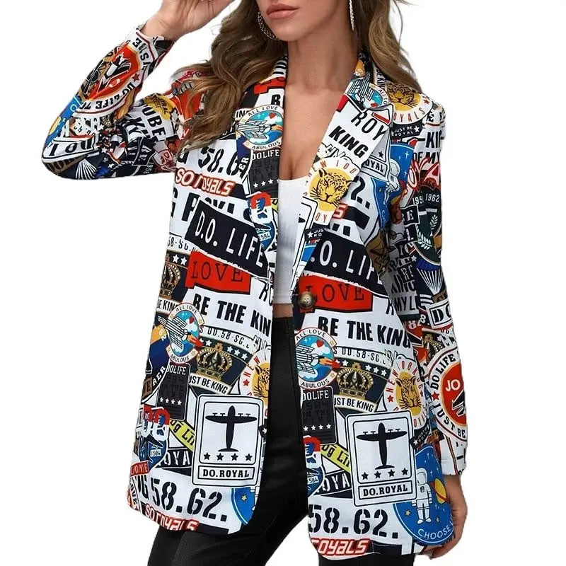 Love of Travel Print Long Sleeves Lapel Suit Blazer