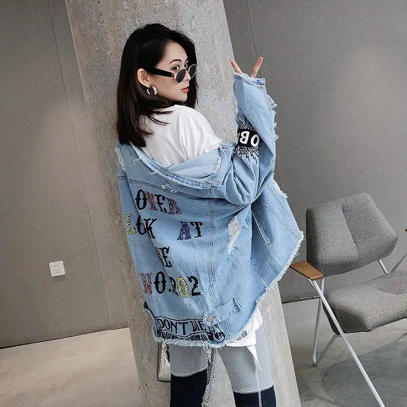Lover Look At Me Embroidery Denim Jacket Casual Style Blue