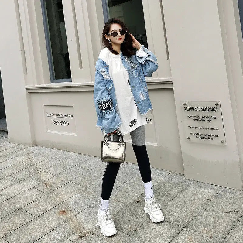 Lover Look At Me Embroidery Denim Jacket Casual Style Blue
