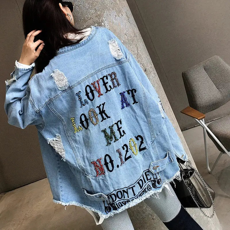 Lover Look At Me Embroidery Denim Jacket Casual Style Blue