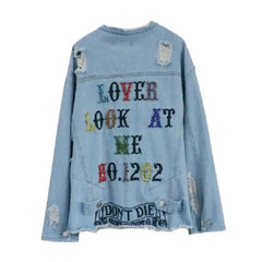 Lover Look At Me Embroidery Denim Jacket Casual Style Blue