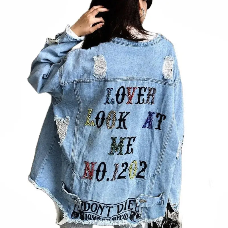 Lover Look At Me Embroidery Denim Jacket Casual Style Blue