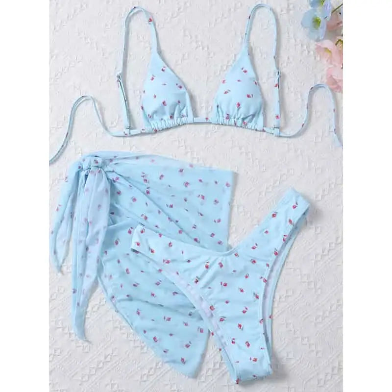 Low Waist Halter Neck Triangle Mesh Bikini Set Blue / S