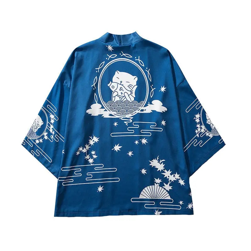 Lucky Cat Blue 3/4 Sleeve Kimono